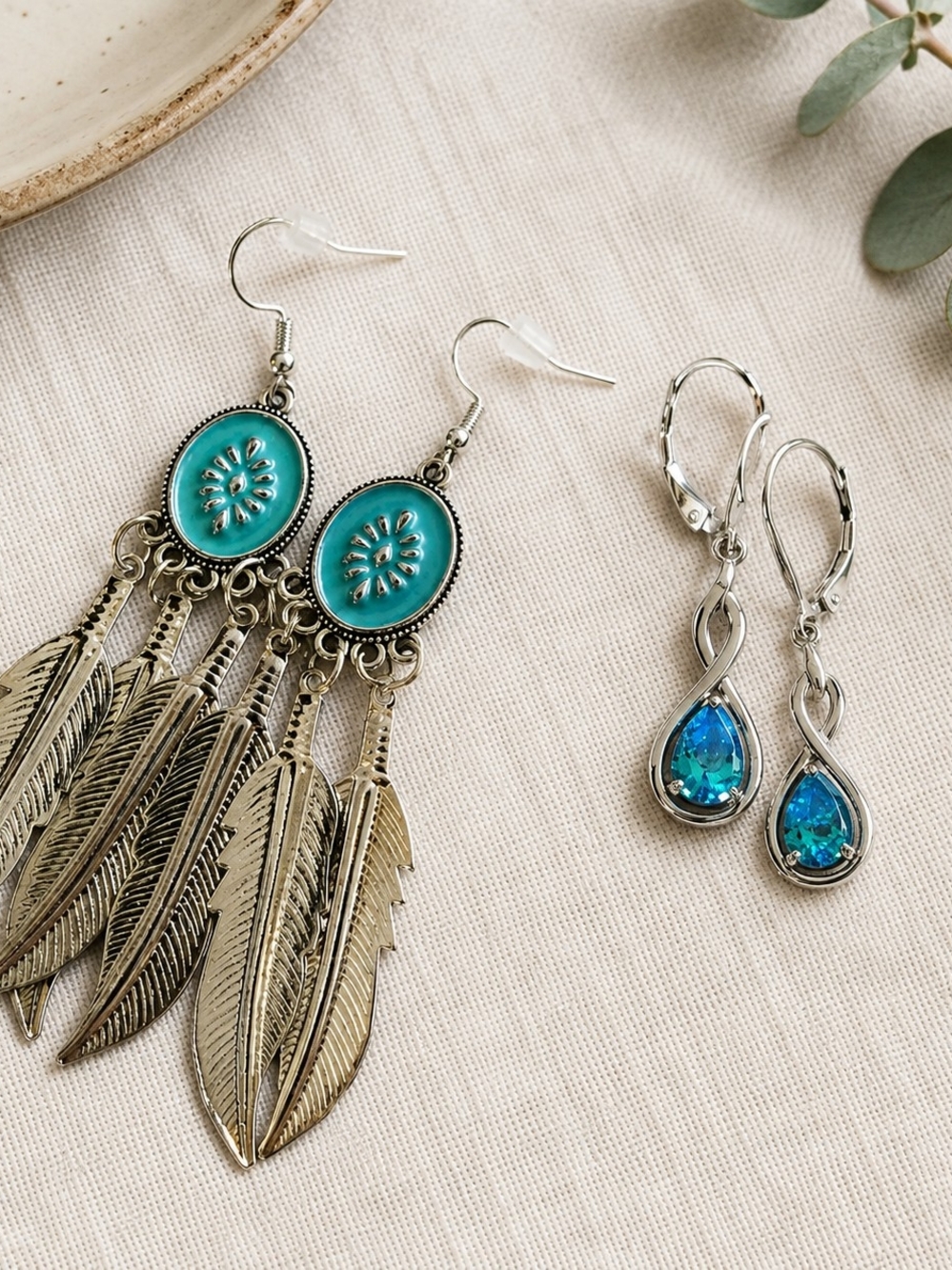 Boho Turquoise Feather Dangle Earrings - Unbranded